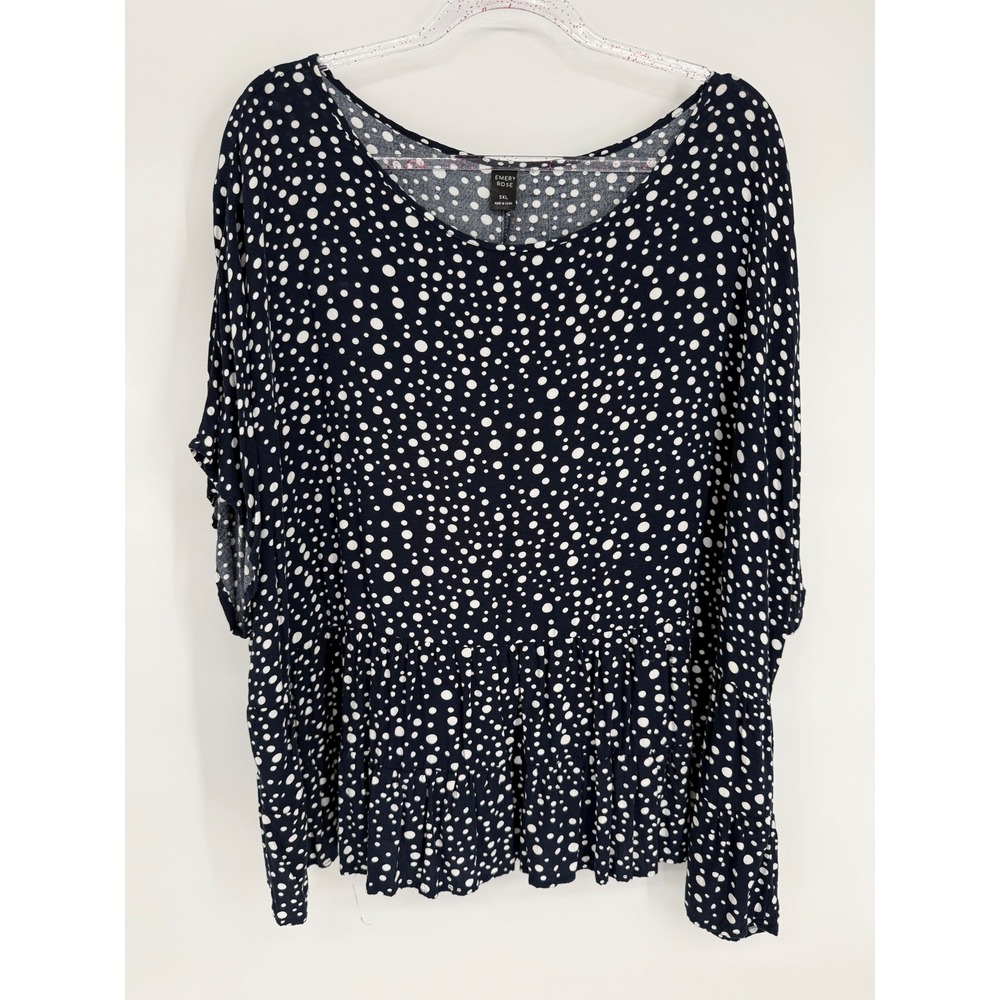 Emery Rose Navy Blue Polka Dot Peplum Blouse Scoop Neck Plus Sz 5XL